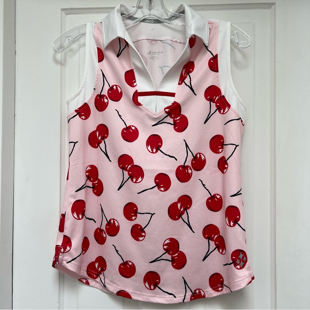 JOFIT Cherry Print Sleeveless Collared Tank Top Size Small